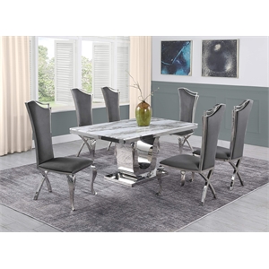 White Marble 7 piece Dining Set with Silver Stainless Steel Base