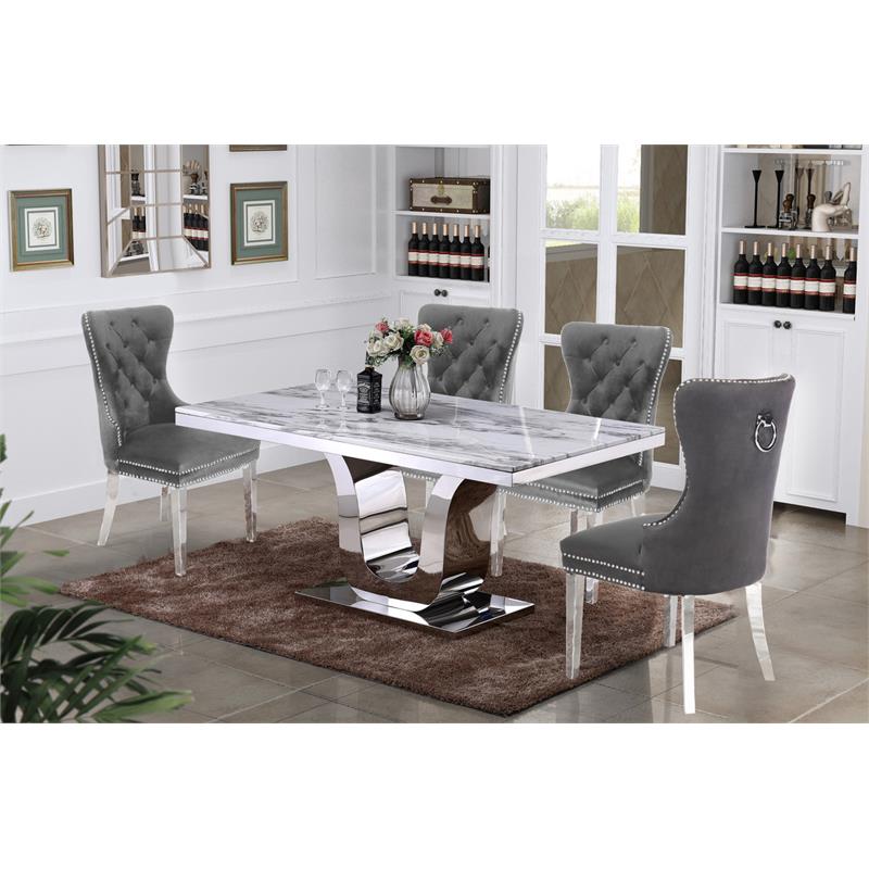 Rectangular White Marble 5 Piece Dining Set with Silver Stainless Steel Base
