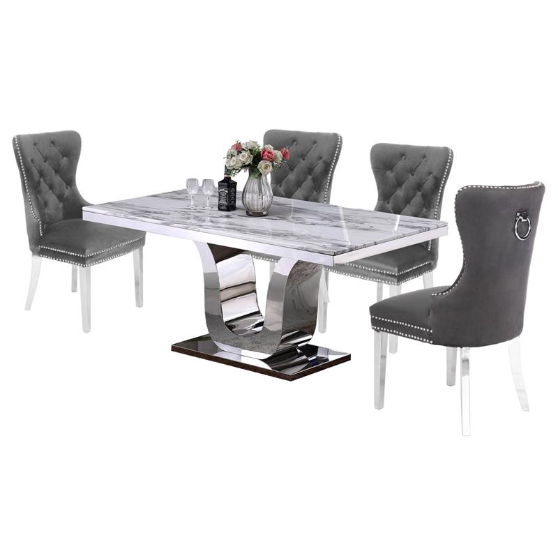 Rectangular White Marble 5 Piece Dining Set with Silver Stainless Steel Base