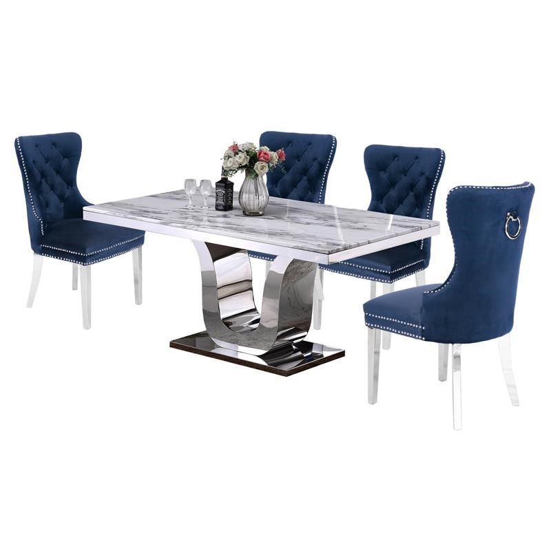 Rectangular White Marble 5 Piece Dining Set with Silver Stainless Steel Base