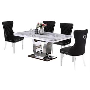 rectangular white marble 5 piece dining set with silver stainless steel base