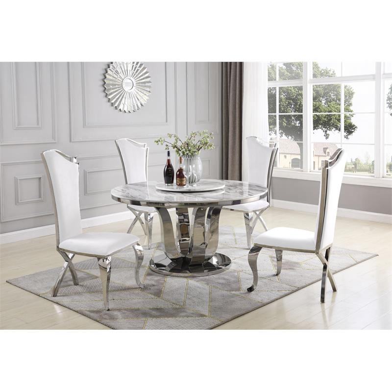 6pc. White Marble Dining Set with Lazy Susan and Silver Stainless Steel
