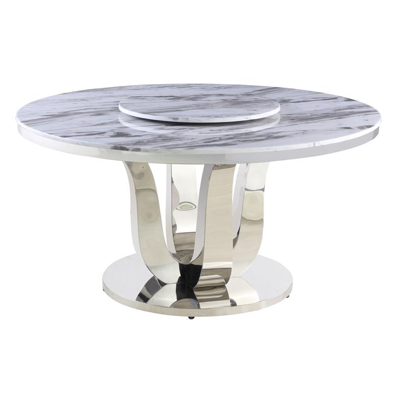 6pc. White Marble Dining Set with Lazy Susan and Silver Stainless Steel