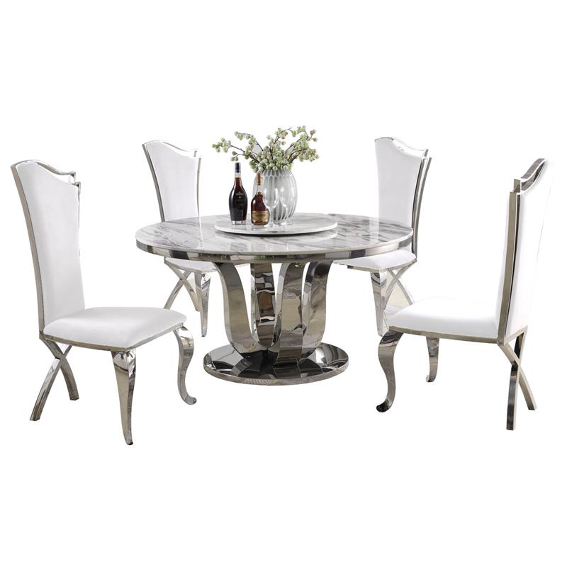 6pc. White Marble Dining Set with Lazy Susan and Silver Stainless Steel
