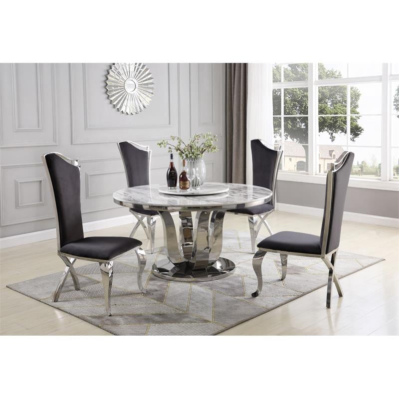 6pc. White Marble Dining Set with Lazy Susan and Silver Stainless Steel