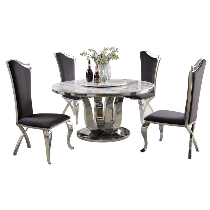 6pc. White Marble Dining Set with Lazy Susan and Silver Stainless Steel