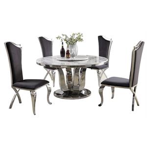 6pc. white marble dining set with lazy susan and silver stainless steel