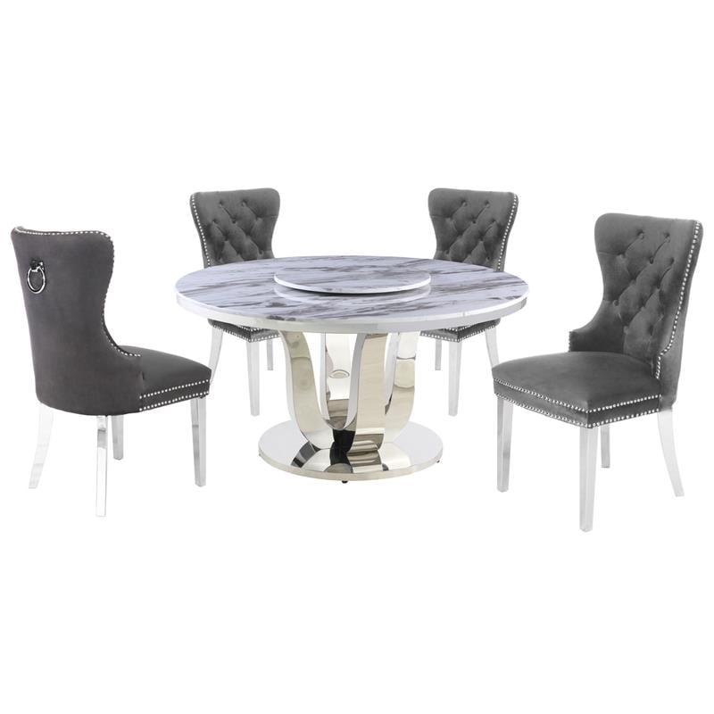 6pc. White Marble Dining Set with Lazy Susan and Silver Stainless Steel