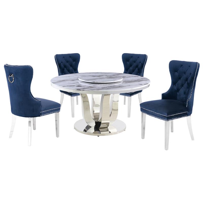 6pc. White Marble Dining Set with Lazy Susan and Silver Stainless Steel