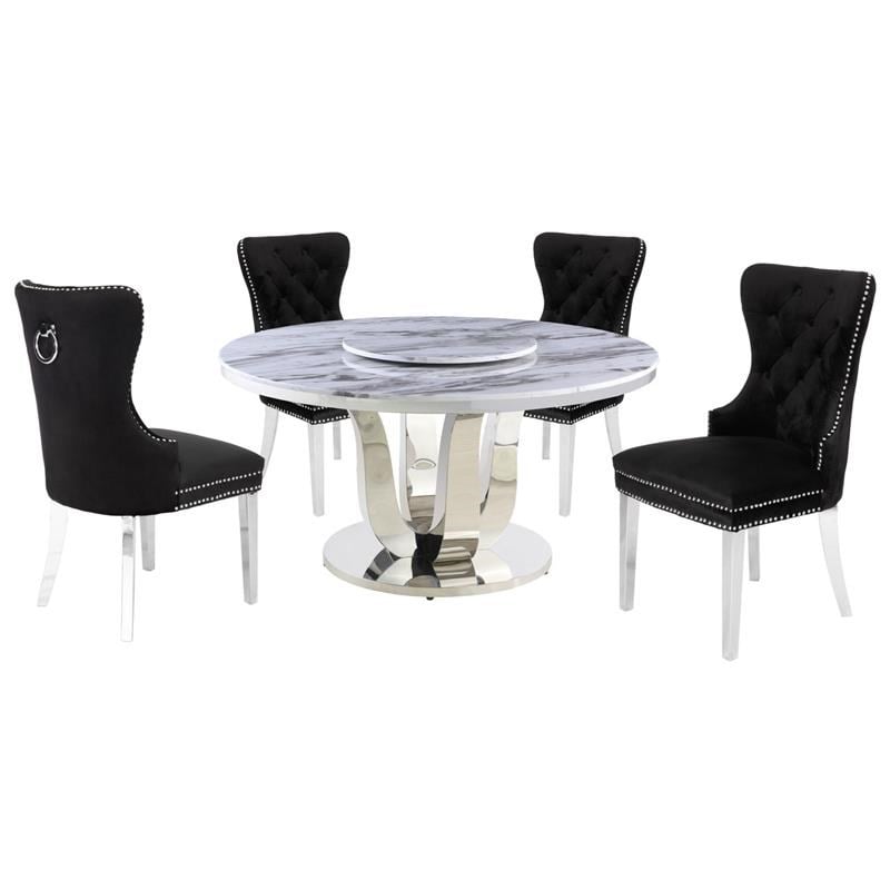 6pc. White Marble Dining Set with Lazy Susan and Silver Stainless Steel