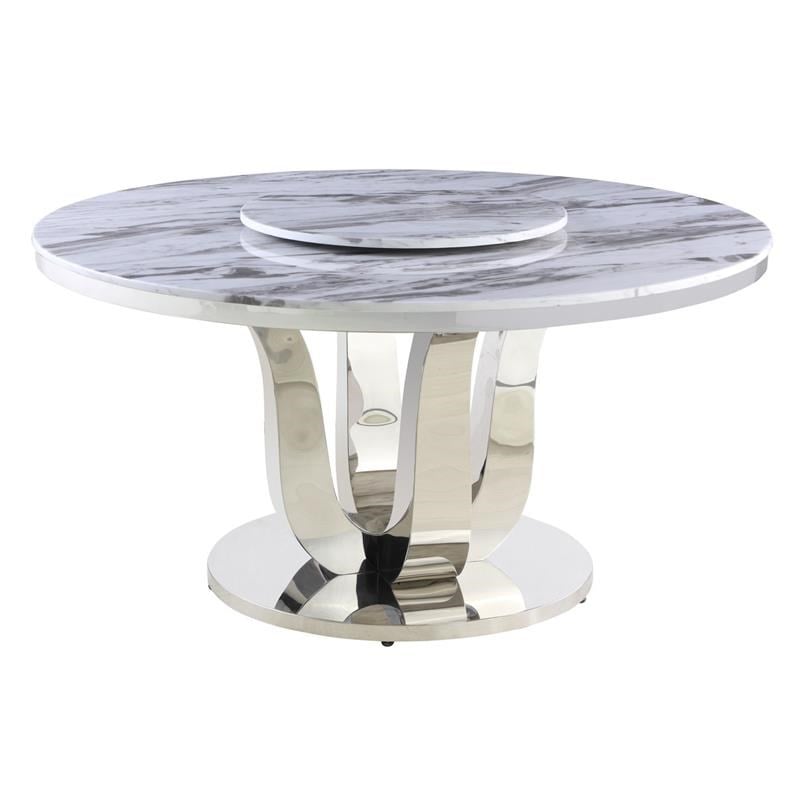 6pc. White Marble Dining Set with Lazy Susan and Silver Stainless Steel