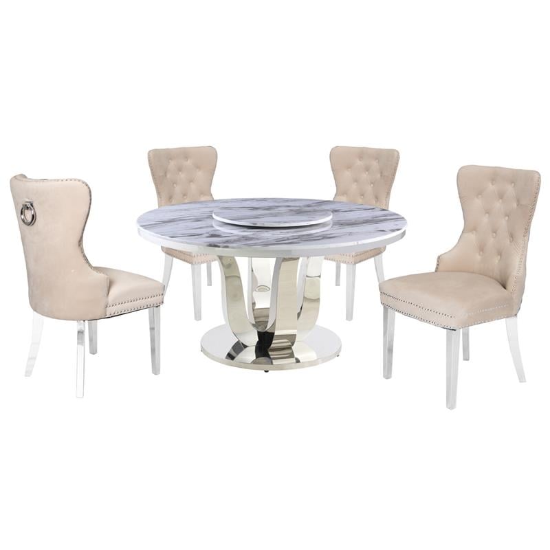 6pc. White Marble Dining Set with Lazy Susan and Silver Stainless Steel