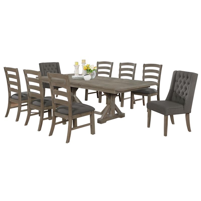 Rustic 9pc Dining Set with Gray Linen Chairs and Extendable Wood Dining Table