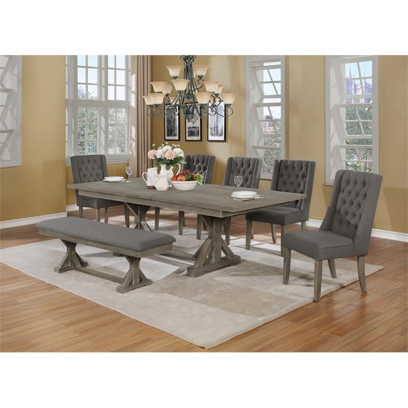 Rustic 7pc Dining Set with Gray Chairs and Bench and Extendable Wood Table