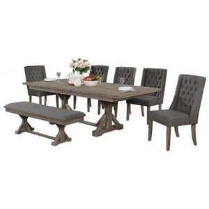 Rustic 7pc Dining Set with Gray Chairs and Bench and Extendable Wood Table