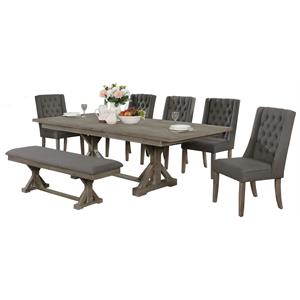 rustic 7pc dining set with gray chairs and bench and extendable wood table