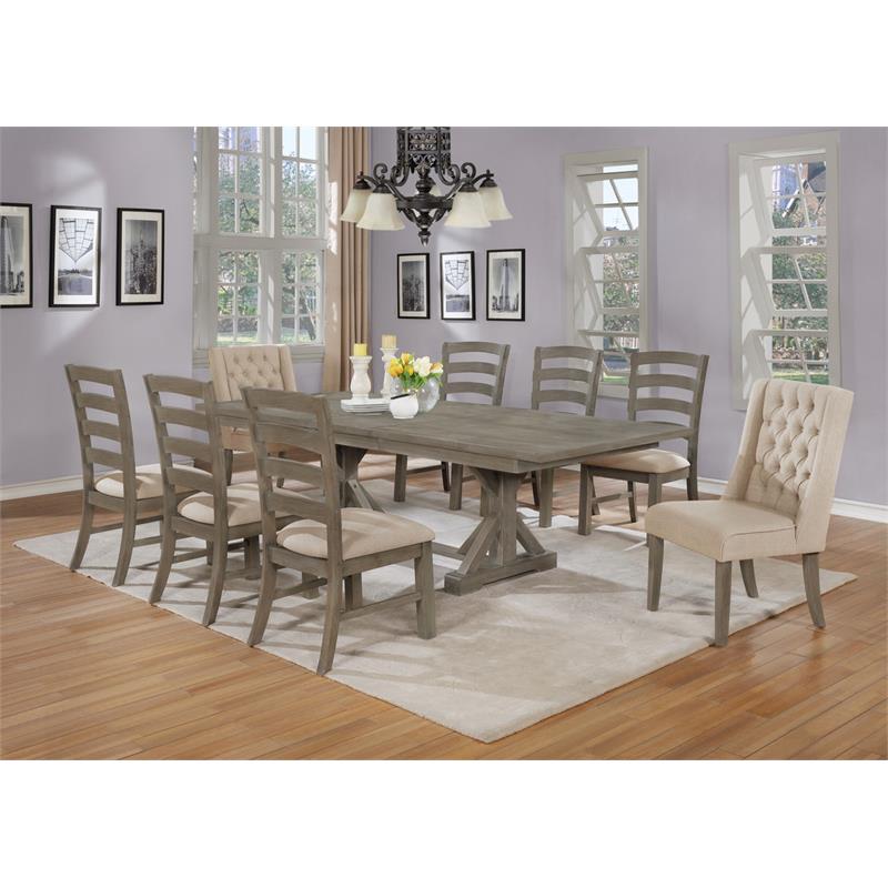 Rustic 9pc Dining Set with Beige Linen Chairs and Extendable Wood Dining Table
