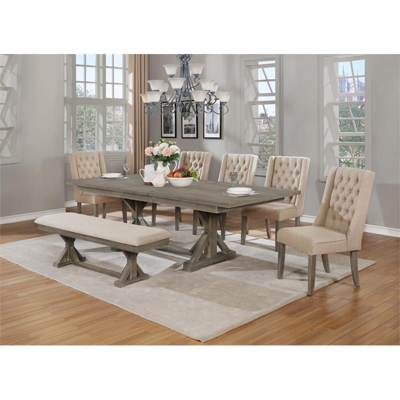 Rustic 7pc Dining Set with Beige Chairs and Bench and Extendable Wood Table