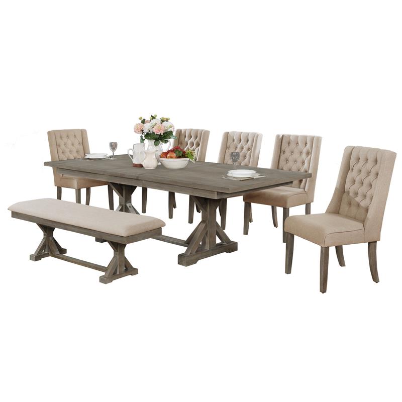 Rustic 7pc Dining Set with Beige Chairs and Bench and Extendable Wood Table