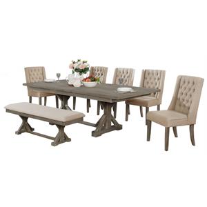 Rustic 7pc Dining Set with Beige Chairs and Bench and Extendable Wood Table