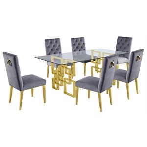 7 piece dining set with rectangular clear glass top and gold stainless steel