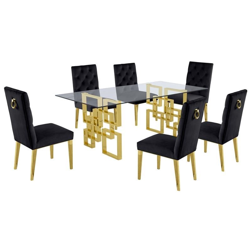 7 Piece Dining Set with Rectangular Clear Glass Top and Gold Stainless Steel