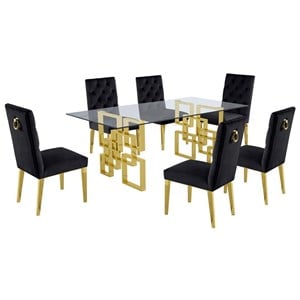 7 Piece Dining Set with Rectangular Clear Glass Top and Gold Stainless Steel