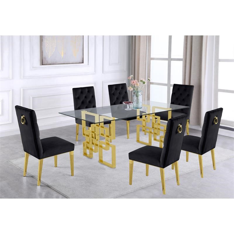 7 Piece Dining Set with Rectangular Clear Glass Top and Gold Stainless Steel