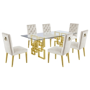 7 Piece Dining Set with Rectangular Clear Glass Top and Gold Stainless Steel