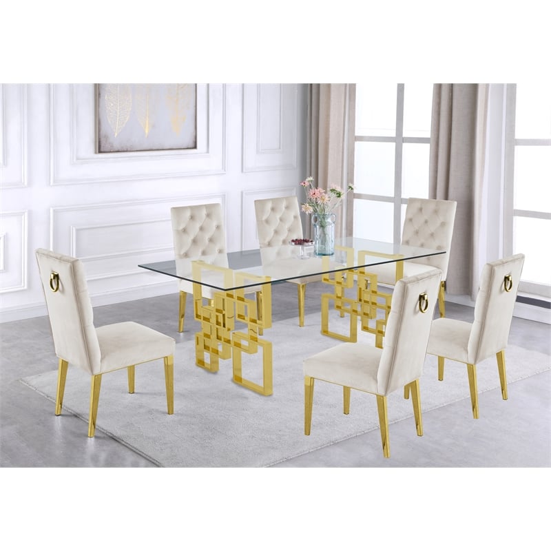 7 Piece Dining Set with Rectangular Clear Glass Top and Gold Stainless Steel