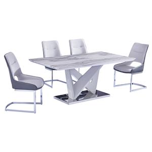 5 piece white faux marble dining set with white and gray fabric chairs