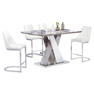 5 piece white faux marble silver stainless steel dining set in counterheight
