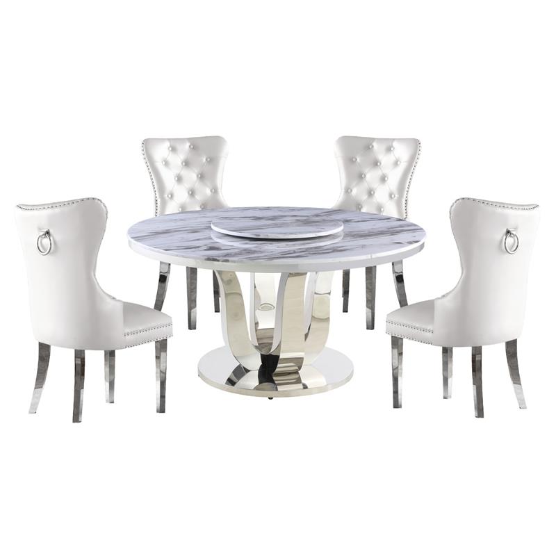 6pc. White Marble Dining Set with Lazy Susan and Silver Stainless Steel