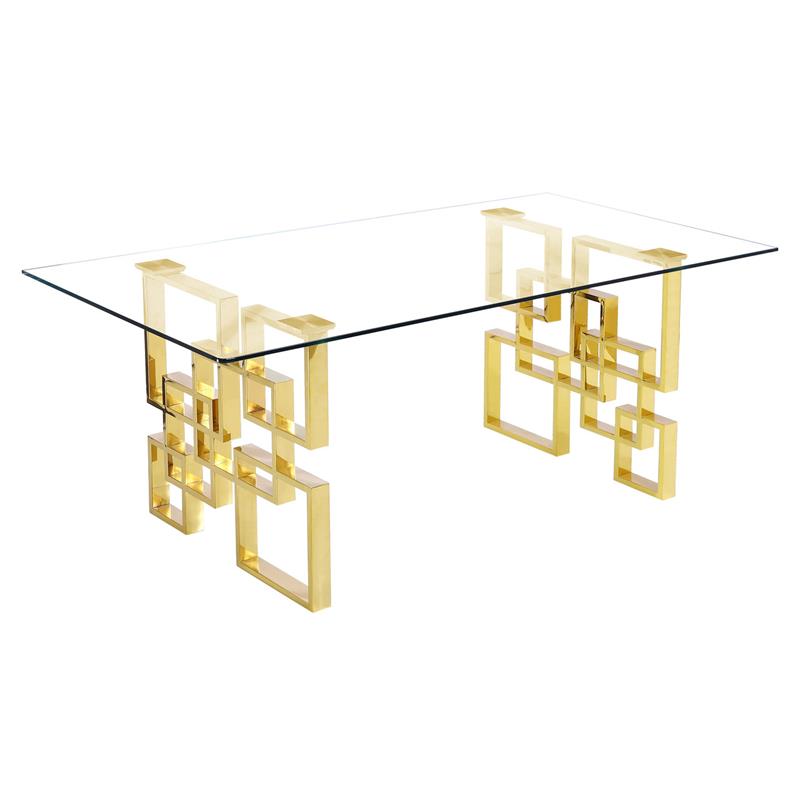 7 Piece Dining Set with Rectangular Clear Glass Top and Gold Stainless Steel