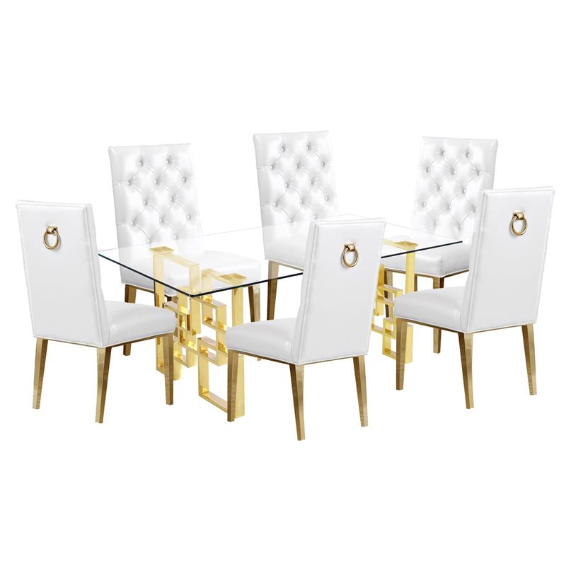 7 Piece Dining Set with Rectangular Clear Glass Top and Gold Stainless Steel