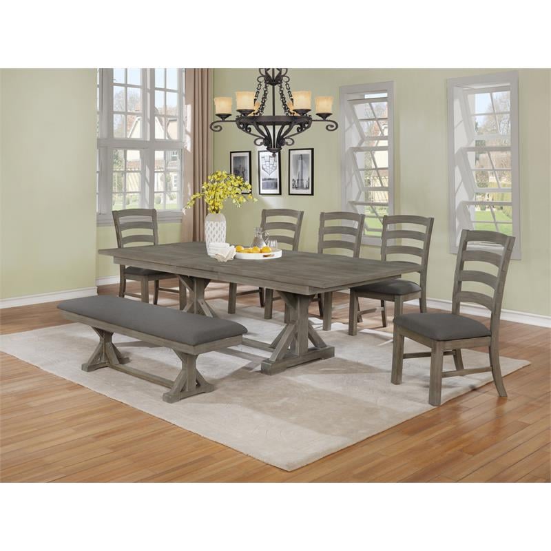 7pc Rustic Gray Brown Wood Dining Set with Gray Linen Bench and Chairs