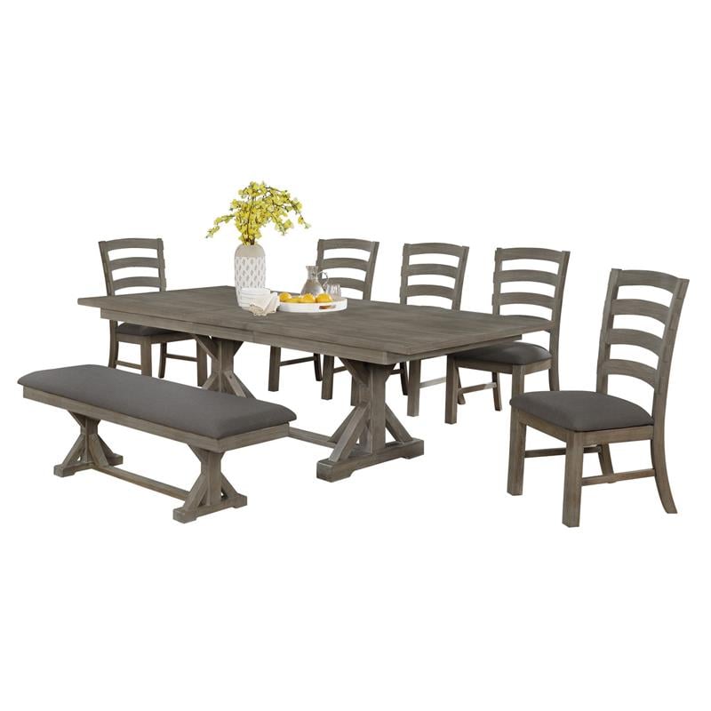 7pc Rustic Gray Brown Wood Dining Set with Gray Linen Bench and Chairs