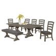 7pc Rustic Gray Brown Wood Dining Set with Gray Linen Bench and Chairs