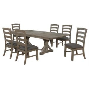 7pc Rustic Gray Brown Wood Dining Set with 6 Gray Linen Chairs