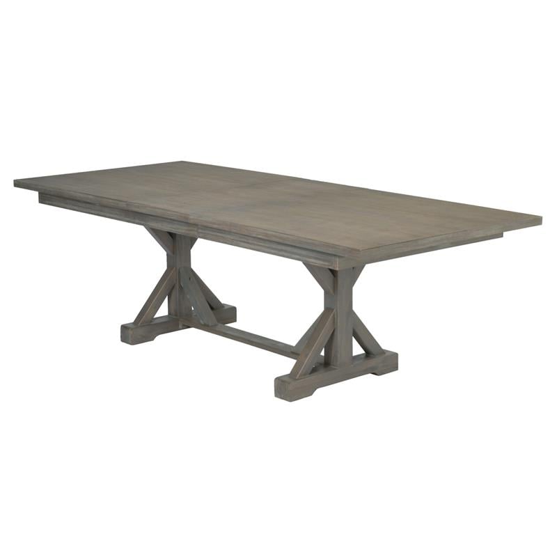 7pc Rustic Gray Brown Wood Dining Set with Beige Linen Bench and Chairs