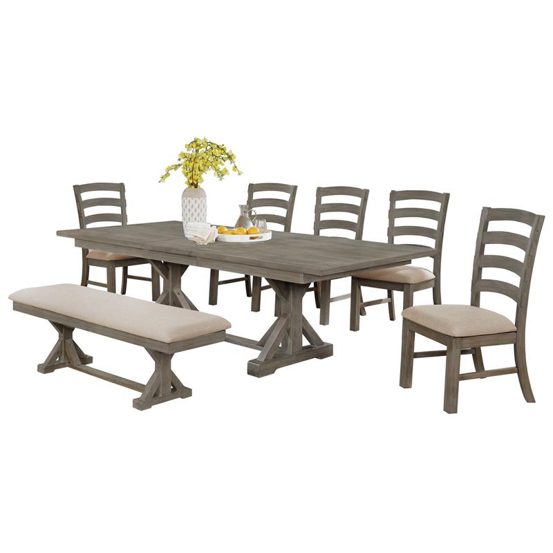 7pc Rustic Gray Brown Wood Dining Set with Beige Linen Bench and Chairs