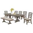 7pc Rustic Gray Brown Wood Dining Set with Beige Linen Bench and Chairs