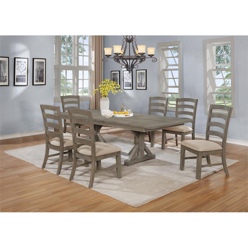7pc Rustic Gray Brown Wood Dining Set with 6 Beige Linen Chairs