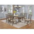 7pc Rustic Gray Brown Wood Dining Set with 6 Beige Linen Chairs
