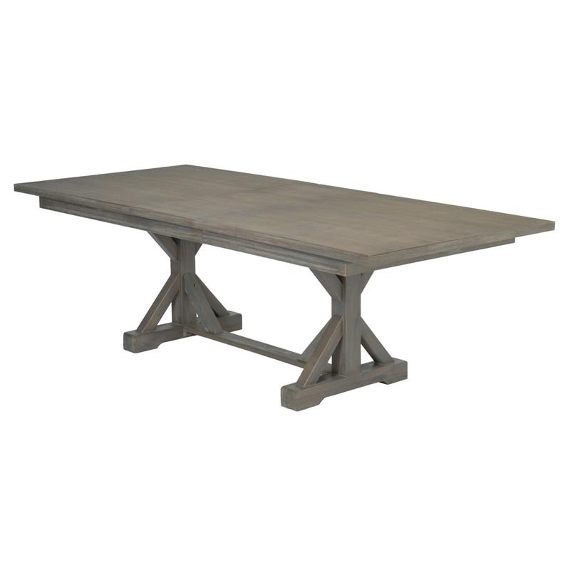 7pc Rustic Gray Brown Wood Dining Set with 6 Beige Linen Chairs