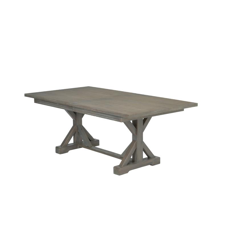 7pc Rustic Gray Brown Wood Dining Set with 6 Beige Linen Chairs