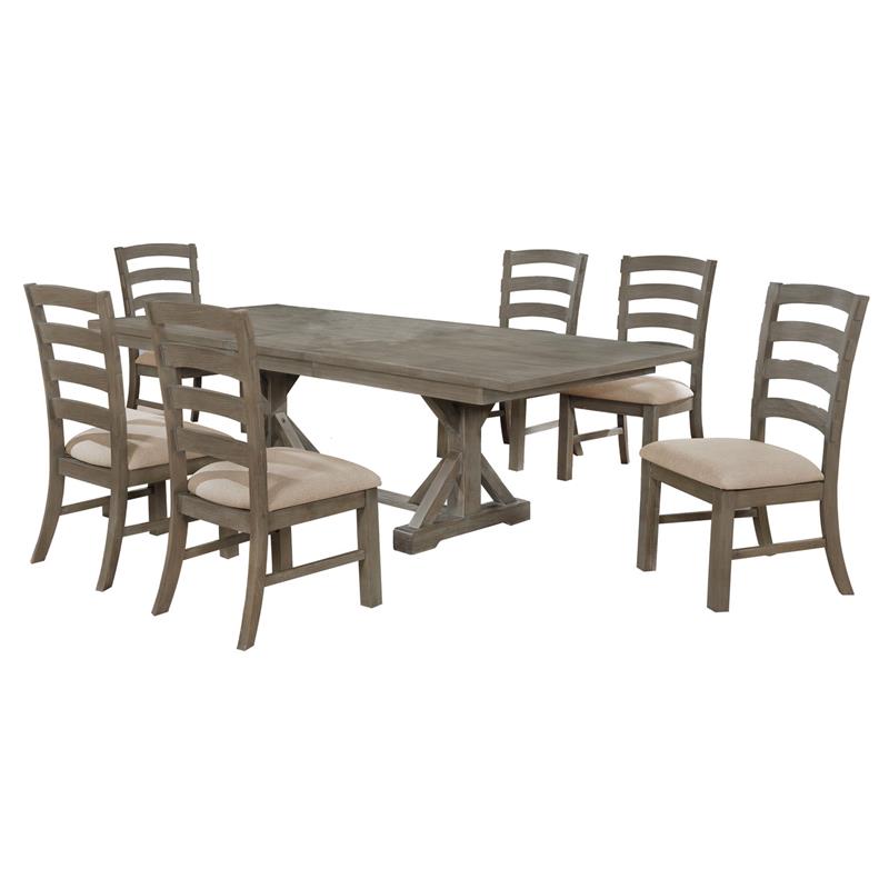 7pc Rustic Gray Brown Wood Dining Set with 6 Beige Linen Chairs