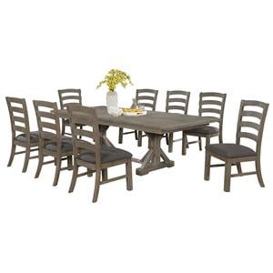 9pc Rustic Gray Brown Wood Dining Set with 8 Beige Linen Chairs