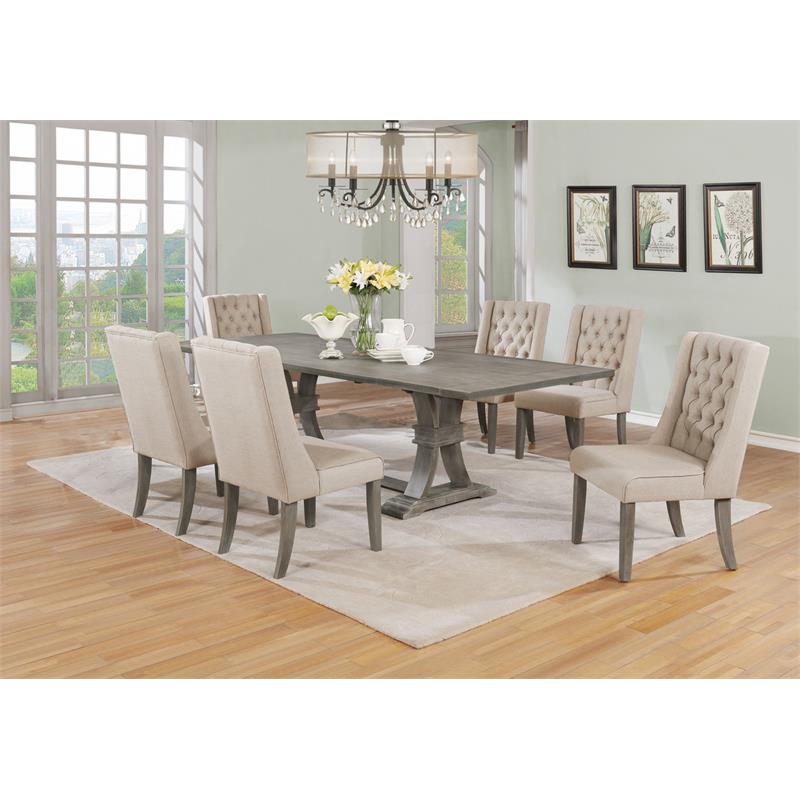 Rustic Gray Wood 7pc Dining Set with Table and Beige Linen Chairs
