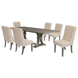 Rustic Gray Wood 7pc Dining Set with Table and Beige Linen Chairs